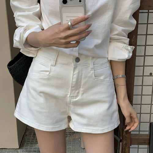 TL夏新款韩系黑白卡其色百搭简约高腰A字显瘦女牛仔休闲短裤