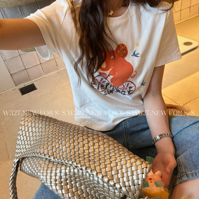 实拍夏上新趣味大象珠片中空绣花休闲百搭正肩短袖T恤女上衣W327