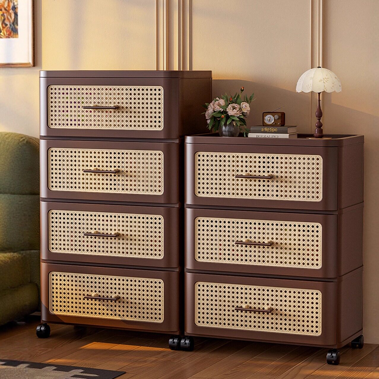 抽屉收纳柜落地复古藤编抽屉收纳柜多层带轮塑料储物柜家用整理柜