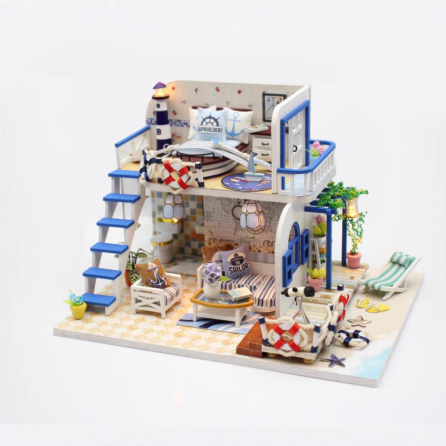 弘达DIY小屋浅蓝海岸 粉黛阁楼 手工拼装模型娃娃屋 创意礼品