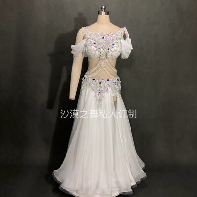 唯美白色肚皮舞演出服遮xiong大摆表演服公主袖沙漠之舞定制定做