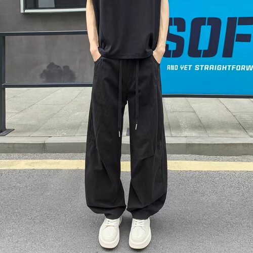 wassuphappy重磅黑色直筒卫裤男士秋季新款潮流运动宽松休闲裤子