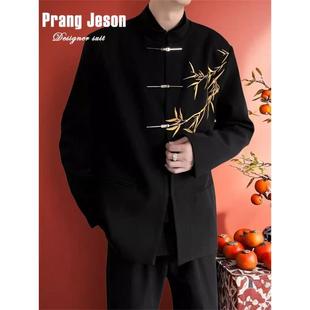 春秋款新中式立领翠竹刺绣民族风中山装外套男飞机扣国风潮牌唐装