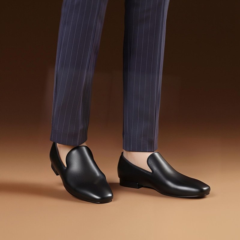 黑白色头层牛皮男士乐福鞋欧美经典款小方头一脚蹬红底鞋潮流百搭