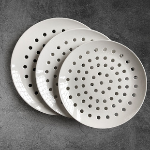 可沥水饺子盘陶瓷多孔蒸盘蒸海鲜创意商用圆形蒸碟蒸鱼蒸包子盘子