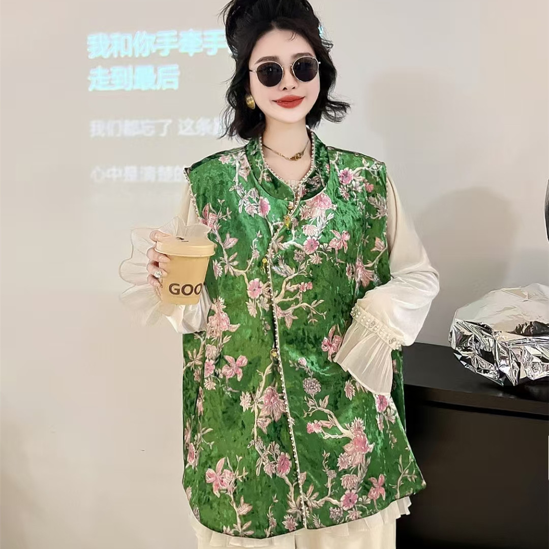 大码女装新中式中国风秋季新款钉珠斜襟丝绒马甲外套上衣背心马夹