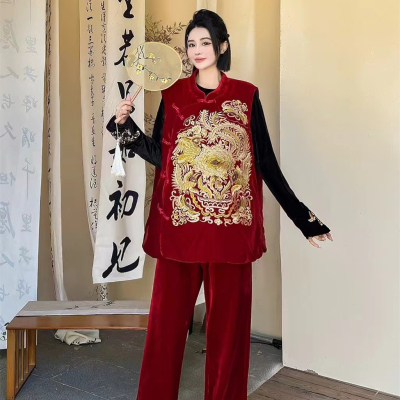 大码斜襟中国风刺绣马夹马甲女