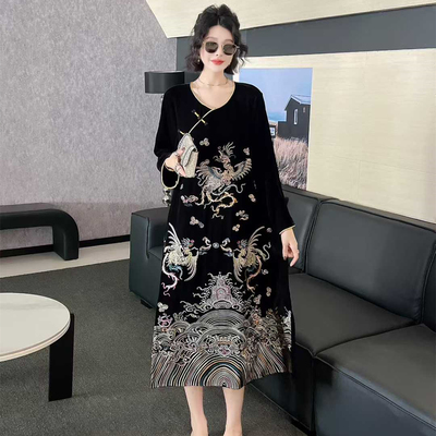 大码国风旗袍裙丝绒刺绣连衣裙女