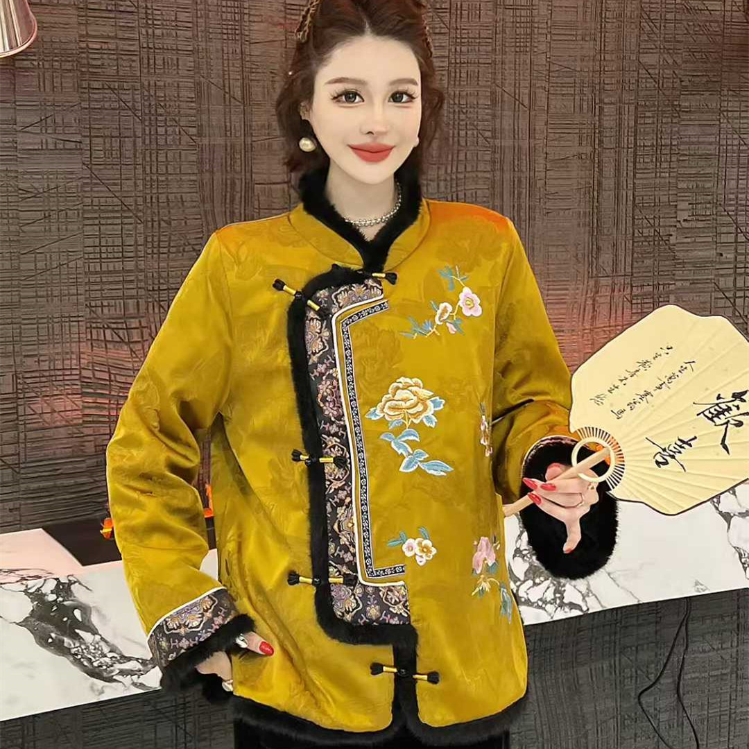 大码新中式国风缎面刺绣棉服女盘扣外套冬复古中式上衣拼接毛国潮,女装/女士精品,短外套,淘宝优惠券,粉丝福利购,淘宝优惠卷
