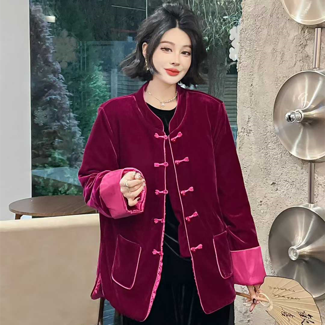 大码中国风丝绒撞色拼接棉服外套