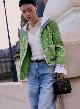 单依纯同款绿色小香风外套2024秋冬新款名媛连帽拼接假两件上衣女