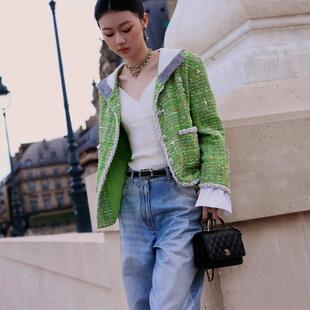 单依纯同款 名媛连帽拼接假两件上衣女 绿色小香风外套2024秋冬新款