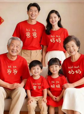 2026马年兄弟姐妹一家四六口亲子装短袖T恤红色过年聚会拍照衣服T