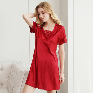 上海故事红色睡裙妈妈款夏季蕾丝大码睡衣夏天冰丝丝绸高级感睡裙
