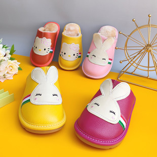 真皮防水牛皮卡通棉拖鞋大童小孩学生家用加绒亲子软底女童冬款男