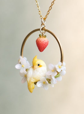 Quinta软陶手作玄凤鹦鹉花朵项链