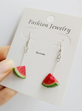 Quinta软陶手作不对称咬一口西瓜925银耳环小清新仿真水果耳夹