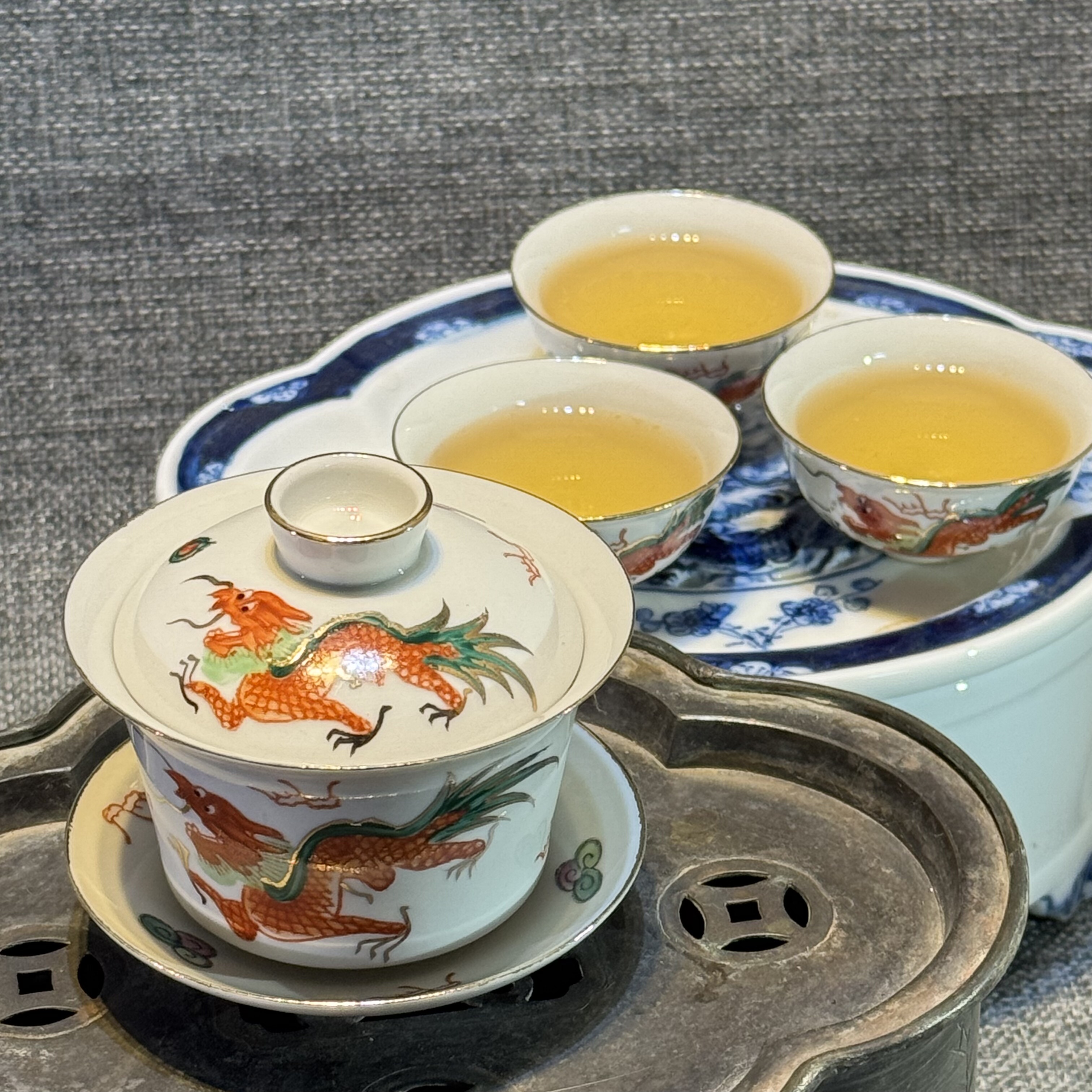 潮汕功夫茶具套装定制款正原泰线版14k金粉手绘金尾龙蛋壳杯回流