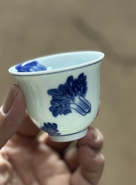 55cc白菜主人杯百财高温原矿彩釉下彩青花品茗杯若深珍藏功夫茶杯