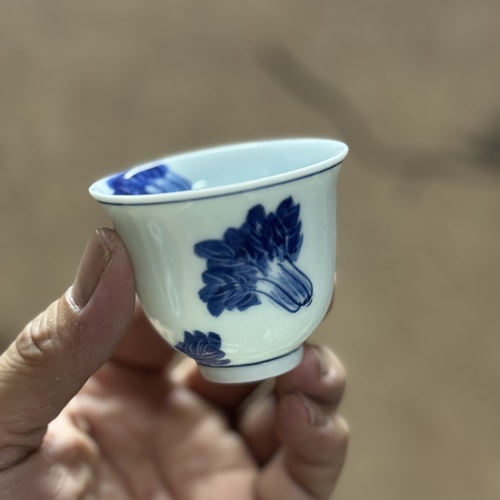 55cc白菜主人杯百财高温原矿彩釉下彩青花品茗杯若深珍藏功夫茶杯