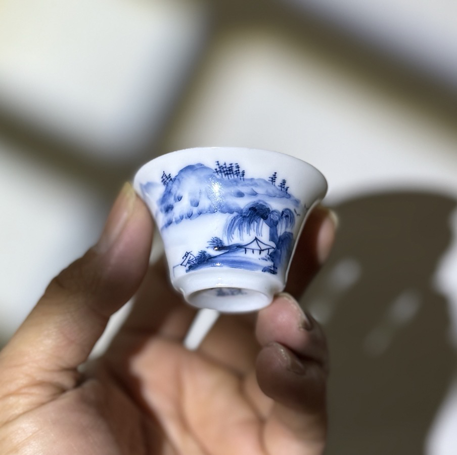 潮州工夫茶手绘苏麻离青马蹄杯若深珍藏手绘薄胎青花潮汕功夫茶杯