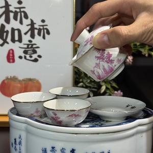 六十年代台湾定制潮州国营彩瓷厂山水纯手绘龙窑匣钵烧功夫茶杯