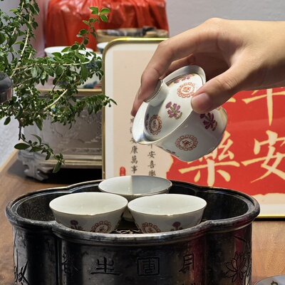 潮州原装老万寿无彊潮汕功夫茶具印章五彩枫溪釉瓷盖碗杯子套装