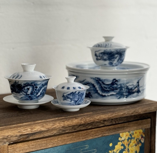 纯手绘龙潮州枫溪窑功夫茶具潮汕青花瓷高温釉下彩龙纹盖碗茶船