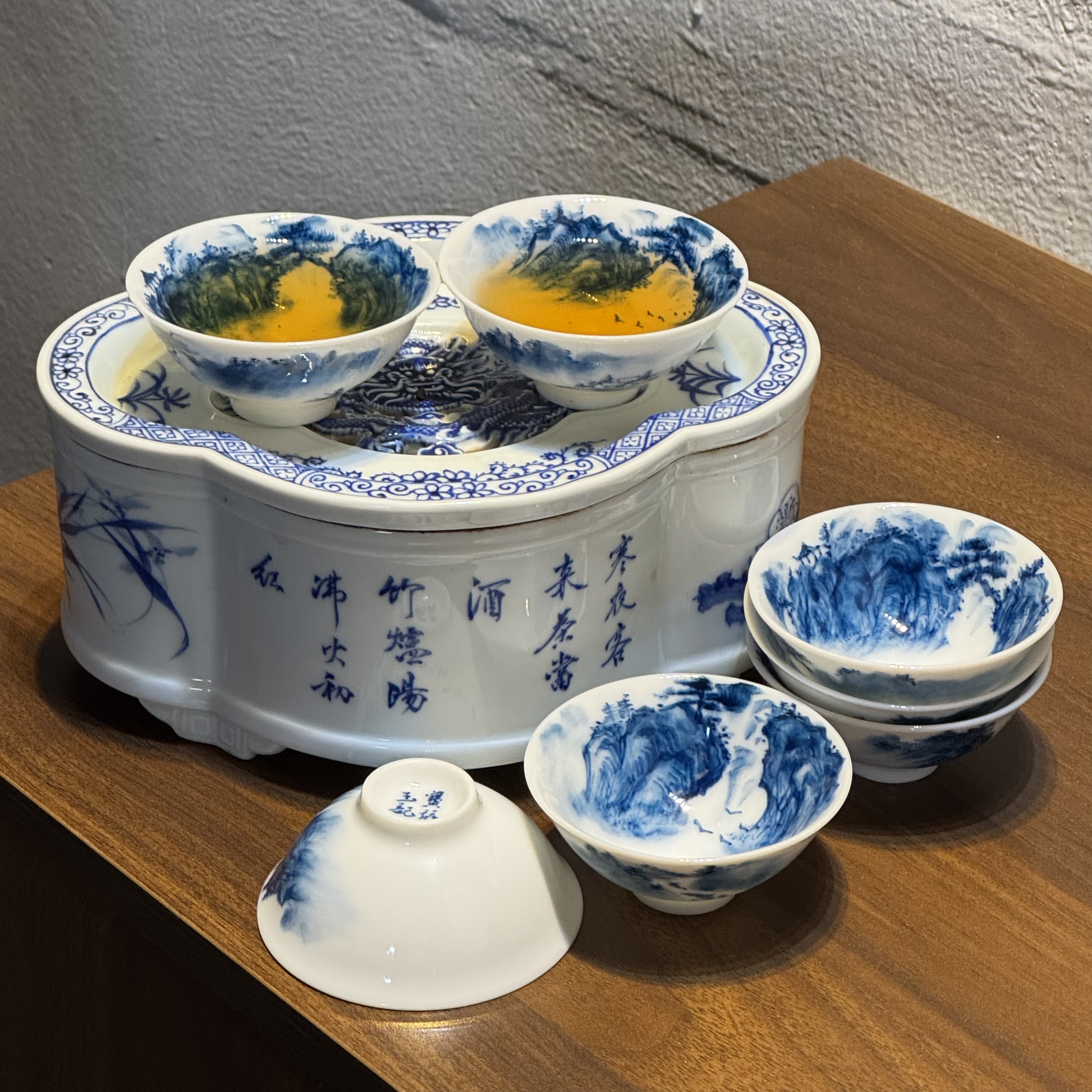 寶玩玉記80年代高温釉下彩内绘青花山水功夫茶潮汕品茗斗笠杯茶杯