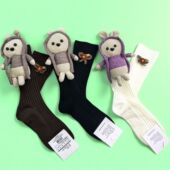 小熊蝴蝶结立体袜子卡通玩偶可爱女袜小腿ins袜中筒潮牌堆堆日系