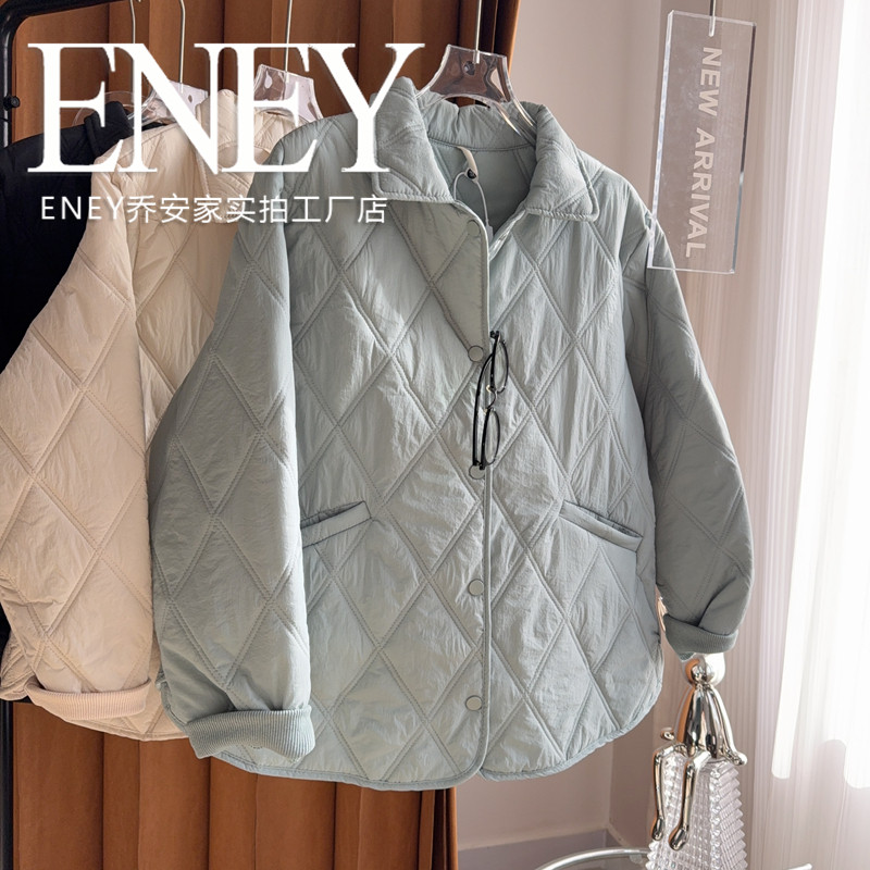 薄棉服衬衣~ENEY冬季大码菱格纹棉服女长袖宽松显瘦百搭保暖外套,女装/女士精品,常规大码外套,淘宝优惠券,粉丝福利购,淘宝优惠卷