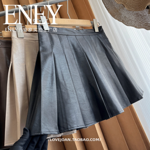 工厂新款 自留哑光皮质百褶短裙潮秋冬韩国风仿真皮打底裙高腰黑