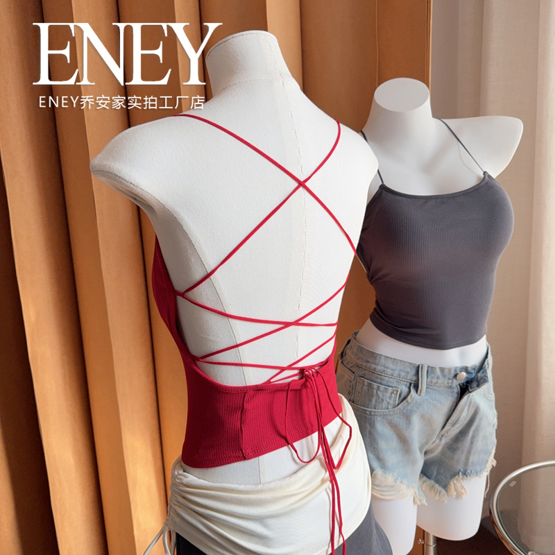 辣妹时尚露背吊带挂脖后背绑带性感紧身带胸垫背心女