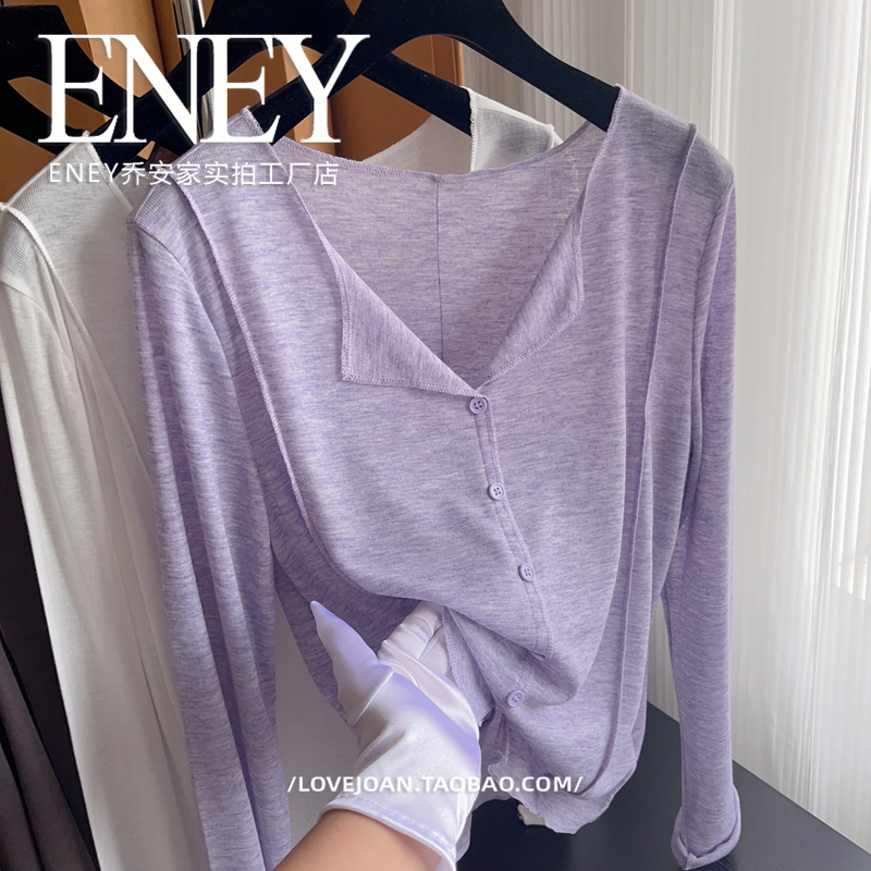 雪纺棉感反织设计小翻领百搭温柔气质上衣薄舒适设计感长袖防晒T