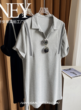 遮肚子！ENEY实拍休闲韩国风polo领连衣裙大码胖mm宽松直筒T裙女