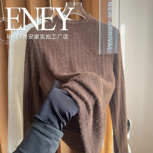 打底衫 毛茸茸中领毛衣 百搭修身 时尚 ENEY小众仿水貂毛竖条针织衫