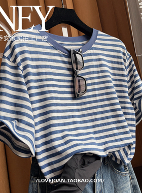 舒适竹棉~宽松海魂条纹舒适柔软透气棉质条纹短袖圆领T恤打底衫