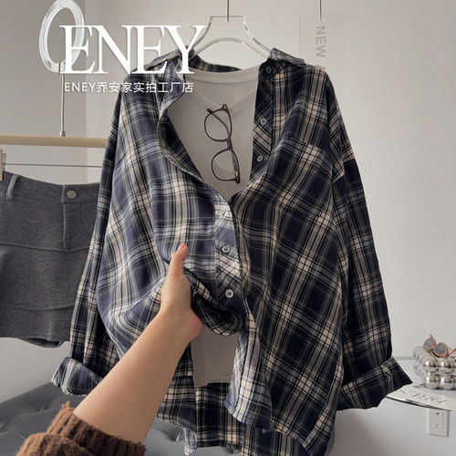 松弛感衬衫~BF风港风大版衬衣格子长袖春秋宽松显瘦百搭衬衫大码