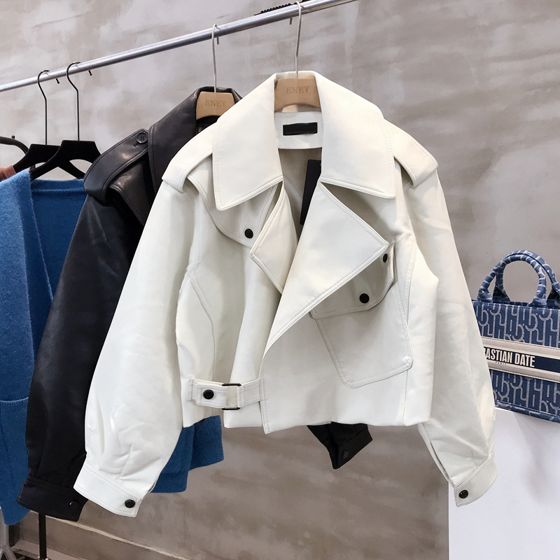 搭扣仿真皮黑色皮衣外套女ENEY