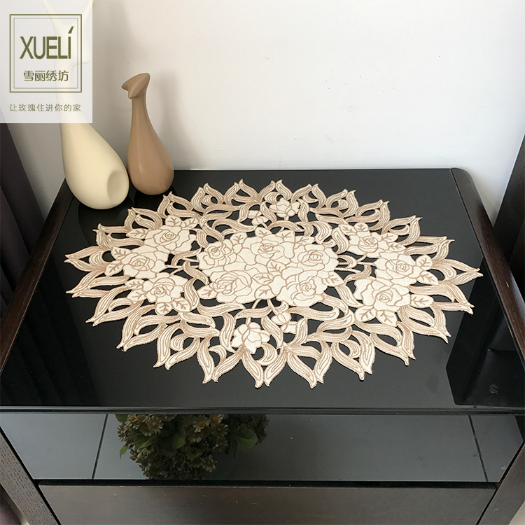 西餐垫床头柜微波炉盖巾布艺绣花欧式美式椭圆桌布桌垫咖啡玫瑰