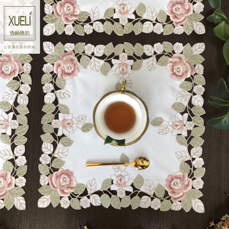 田园布艺欧式绣花餐桌布西餐店餐巾盘垫正方形盖巾华丽玫瑰简约