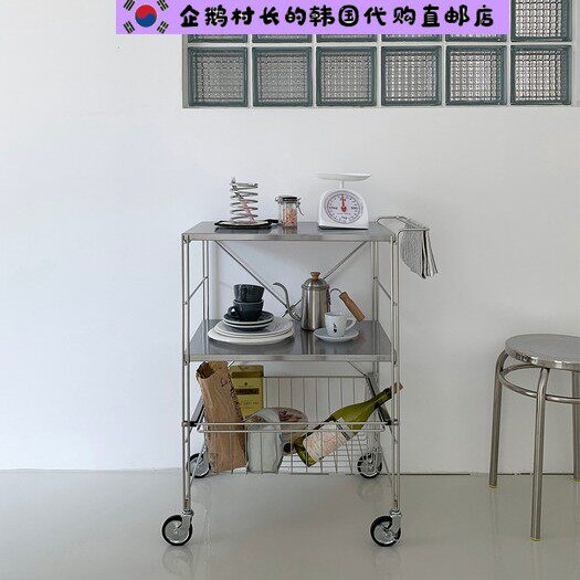 韩国直邮代购不锈钢移动置物架三层收纳推车带轮厨房客厅小推车