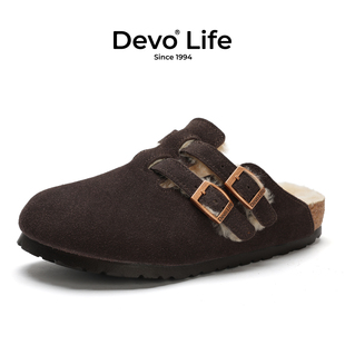 22003 包头绒面加毛保暖半拖外穿套脚女鞋 Devo 沃加绒软木拖鞋