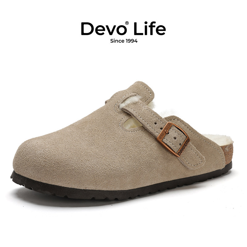 Devo/的沃软木拖鞋女加绒保暖休闲毛毛鞋秋冬加毛包头半拖鞋66001