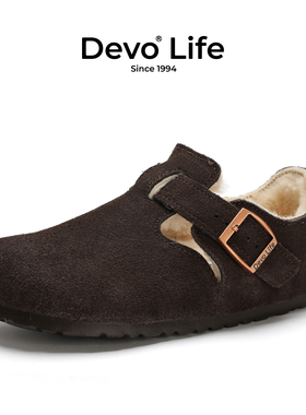 Devo软木鞋加绒保暖冬季棉鞋男女情侣款休闲毛毛全包勃肯鞋96008