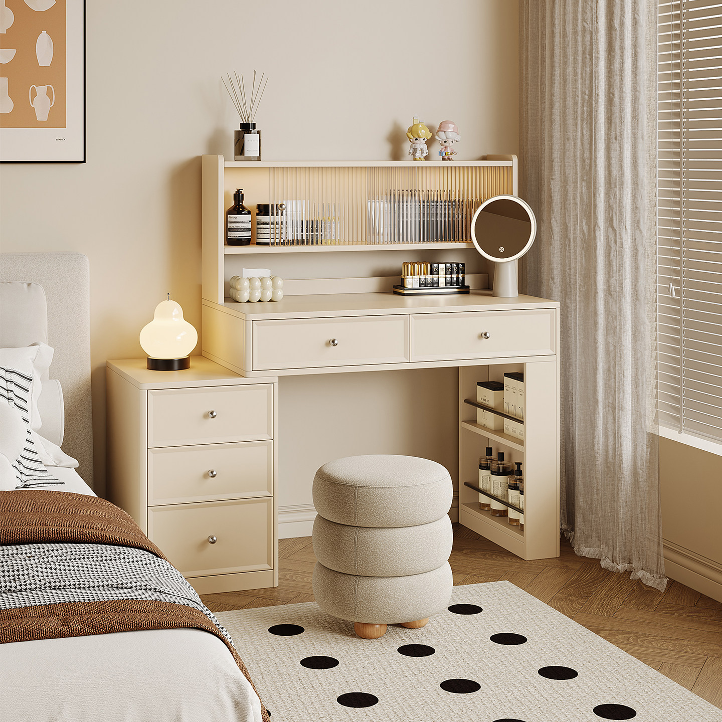 奶油风轻奢主卧床头柜梳妆台一体柜家用小户型卧室斗柜化妆桌组合,住宅家具,梳妆台/桌,淘宝优惠券,粉丝福利购,淘宝优惠卷