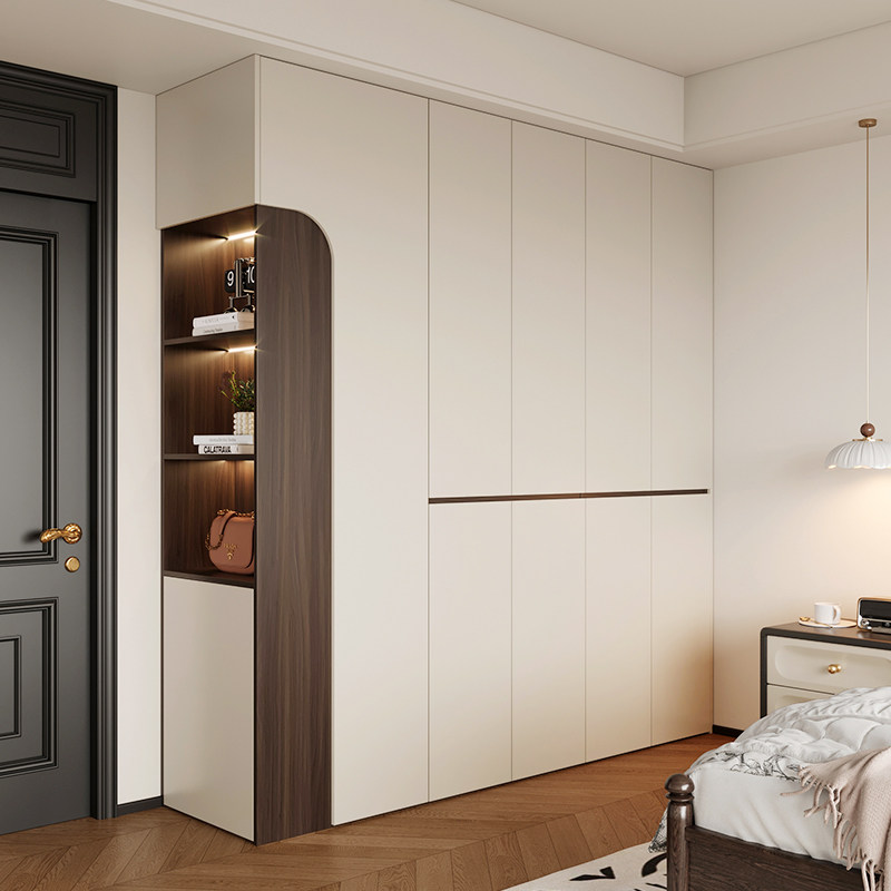 中古风平开门衣柜一体到顶家用卧室靠墙侧面储物柜胡桃木色定制