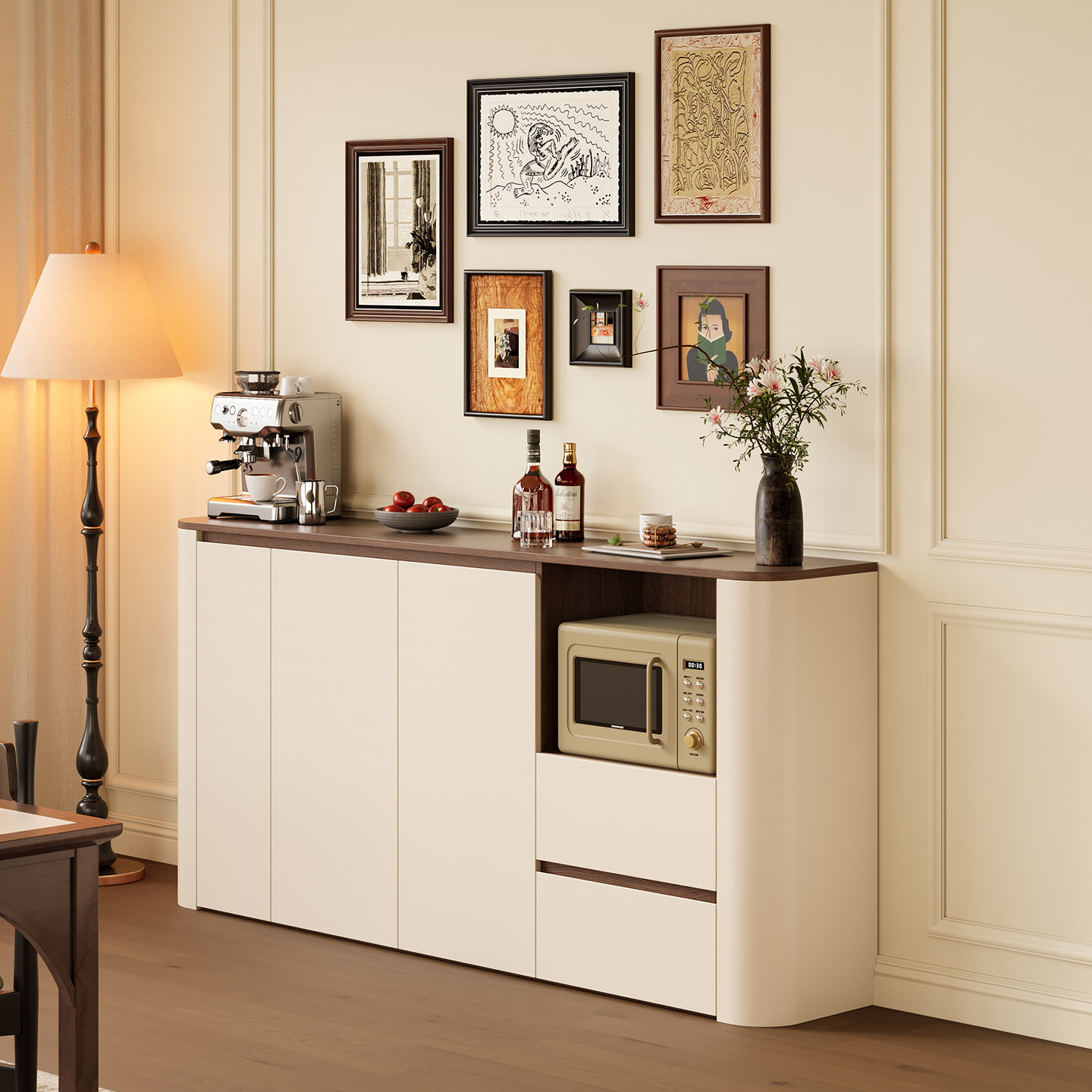 奶油复古风圆弧餐边柜斗柜家用客餐厅储物柜中古风侧抽盒置物架,住宅家具,餐边柜,淘宝优惠券,粉丝福利购,淘宝优惠卷