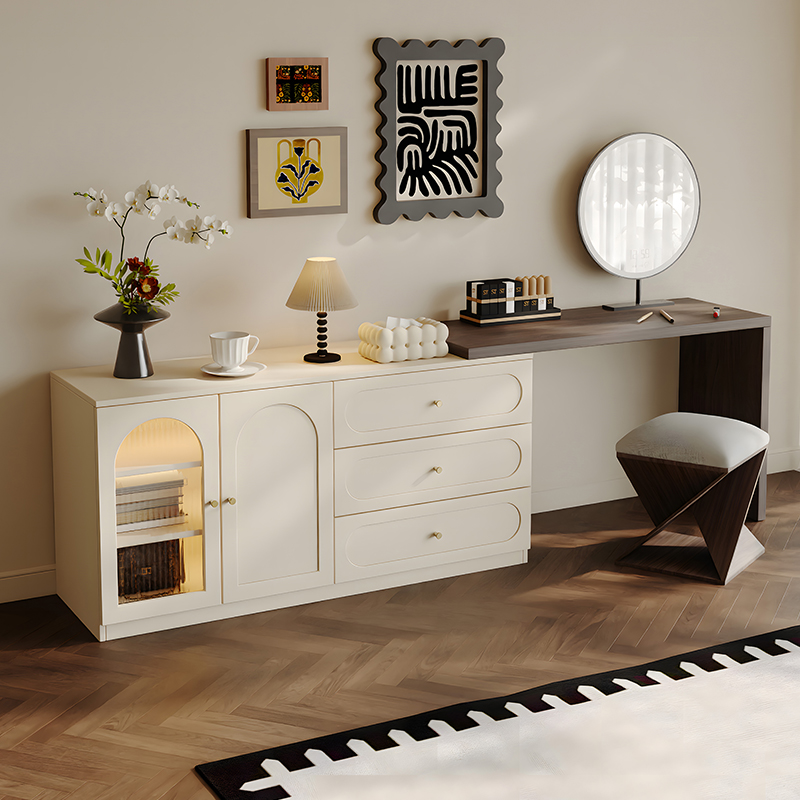 奶油风可伸缩旋转梳妆台斗柜一体