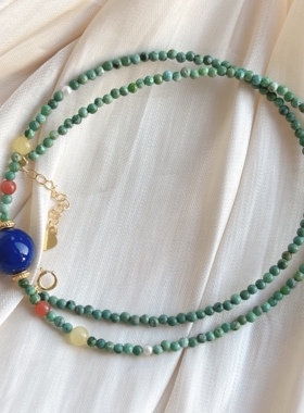 天然绿松石搭配青金石锁骨项链女款时尚百搭水晶项链礼物送闺蜜